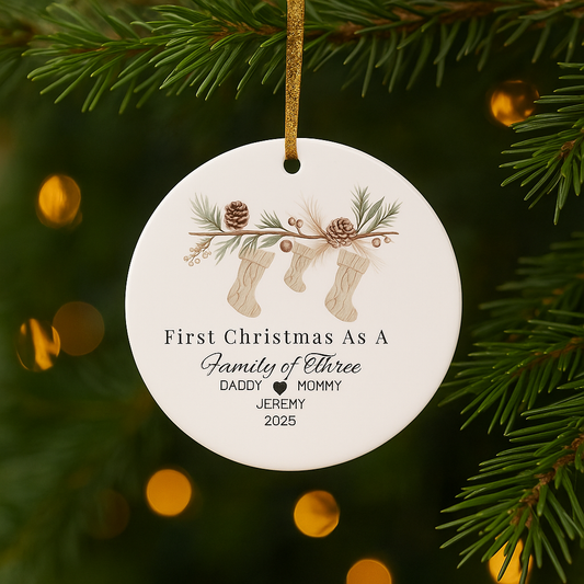 FIRST YEAR AS A FAMILY OF 3 | PERSONALIZED SUBORNC Circle Ornament