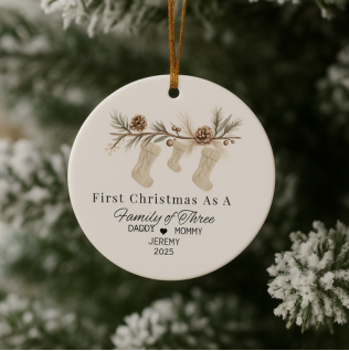 FIRST YEAR AS A FAMILY OF 3 | PERSONALIZED SUBORNC Circle Ornament